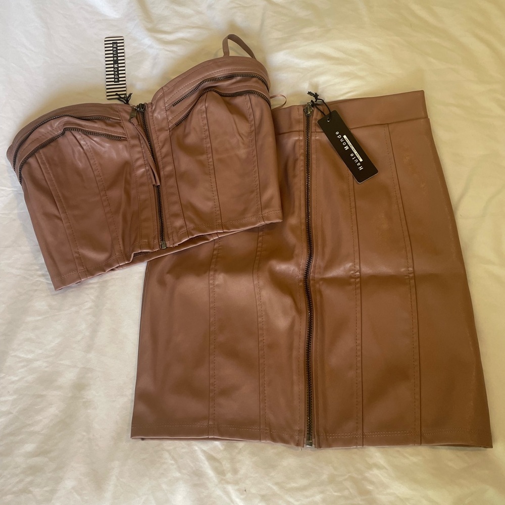 pink leather corset and skirt